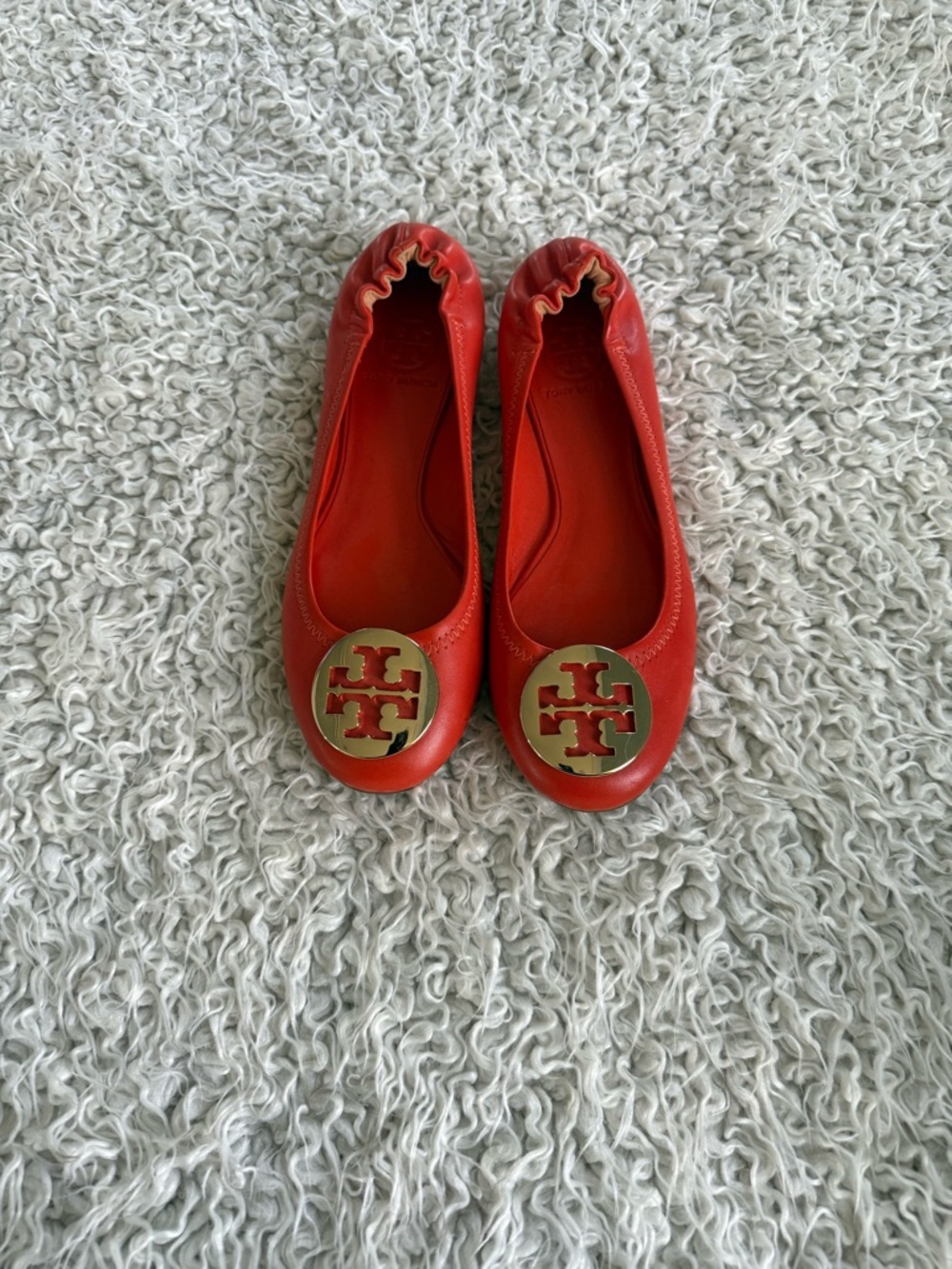 Tory Burch Red Leather Reva Ballet Flats with Gold Logo